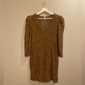 Free People Caramel Lace Long Sleeve Mini Dress